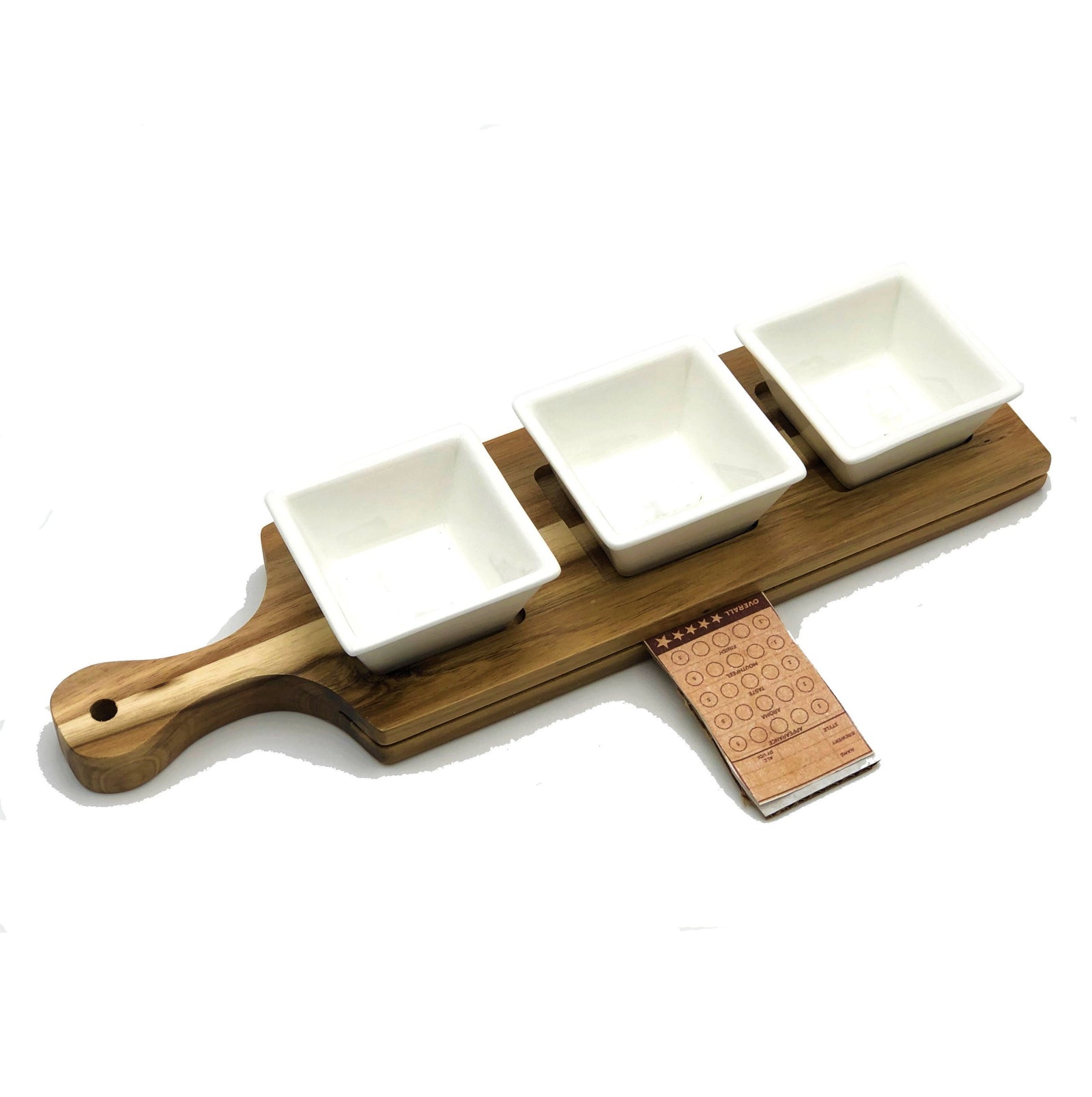 Acacia 3 hole Flight Board with Fine Porcelain square appetizer dish